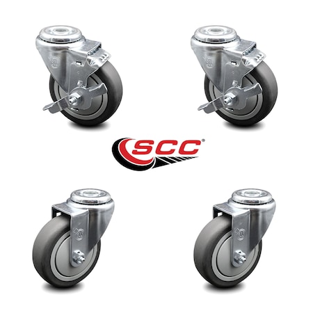 Service Caster 4 Inch Thermoplastic Rubber Wheel Swivel Bolt Hole Caster Set with 2 Brake SCC SCC-BH20S414-TPRB-2-TLB-2